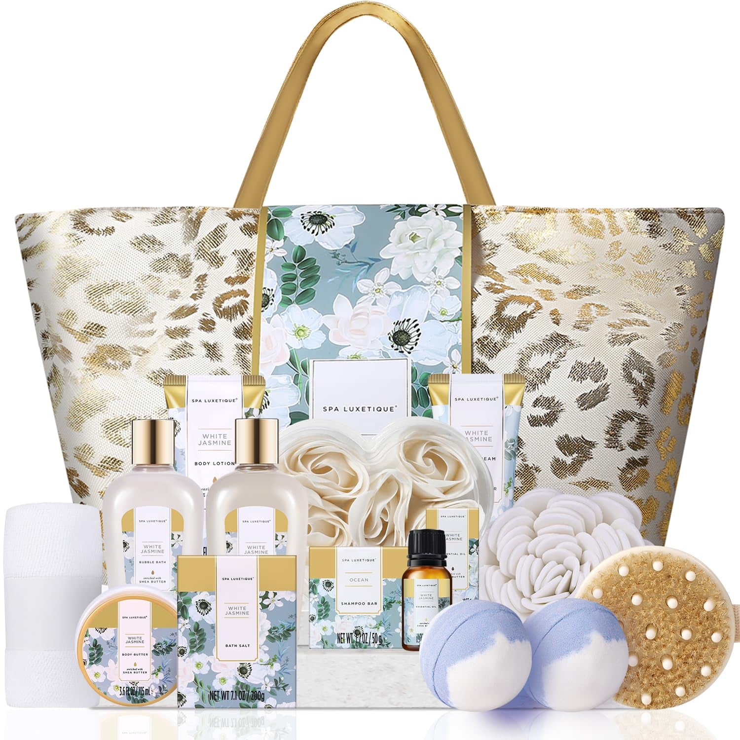 Gifts for Women 15Pcs White Jasmine Gift Baskets for Women Luxury Relaxing Spa Kit with Tote Bag Birthday Gifts for Mom Friend Sister Wife Grandma Mothers Day Gift for Her