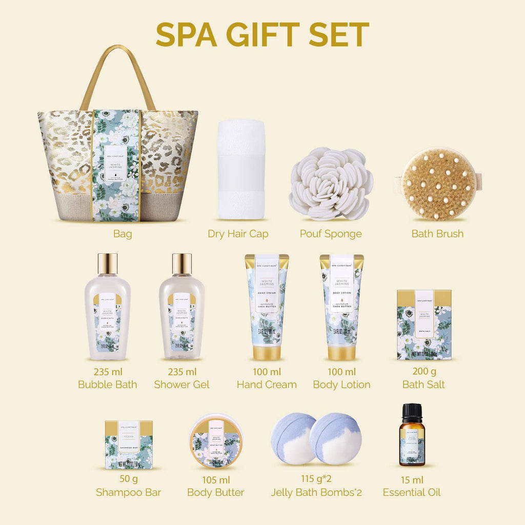 Gifts for Women 15Pcs White Jasmine Gift Baskets for Women Luxury Relaxing Spa Kit with Tote Bag Birthday Gifts for Mom Friend Sister Wife Grandma Mothers Day Gift for Her